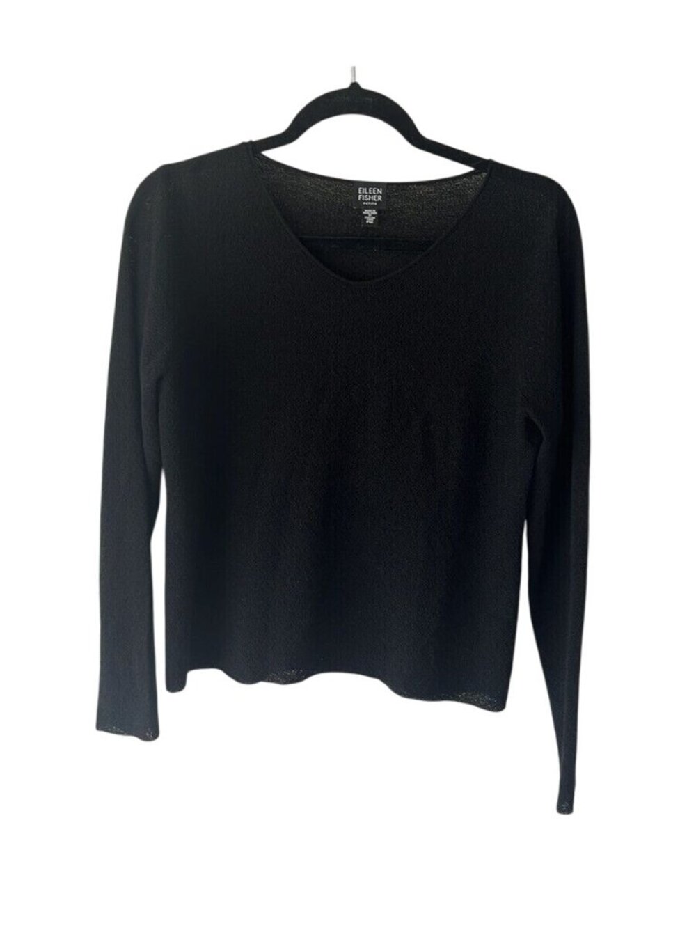 Eileen Fisher womens black wool Italian yarn long sleeve knit top sz Petite M cl